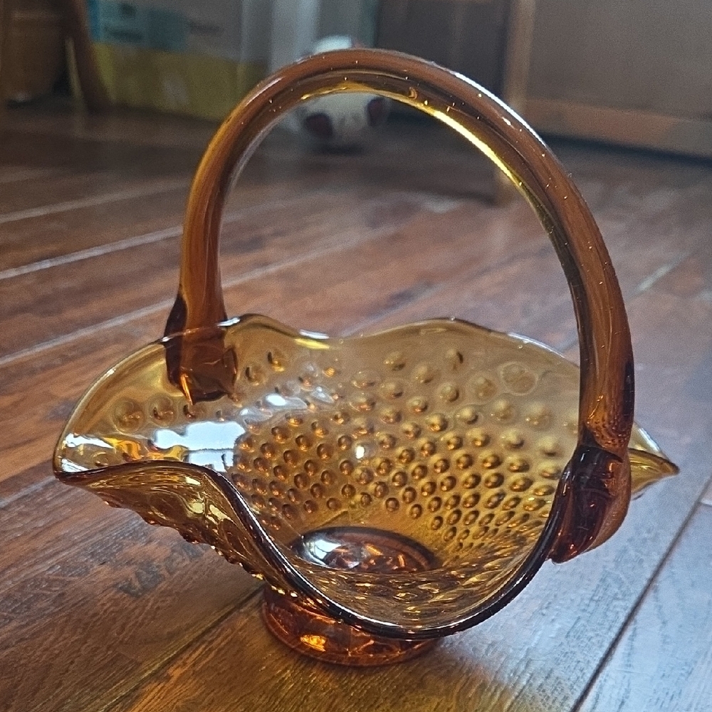 Vintage Fenton Amber Hobnail Glass Basket